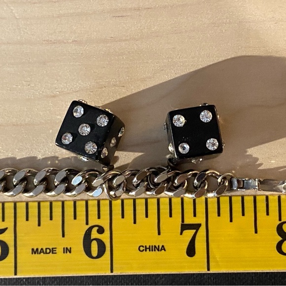 SUPER RARE VTG Bakelite/Glass Rhinestone Dice/Stainless Cuban Chain 7” - Picture 7 of 7